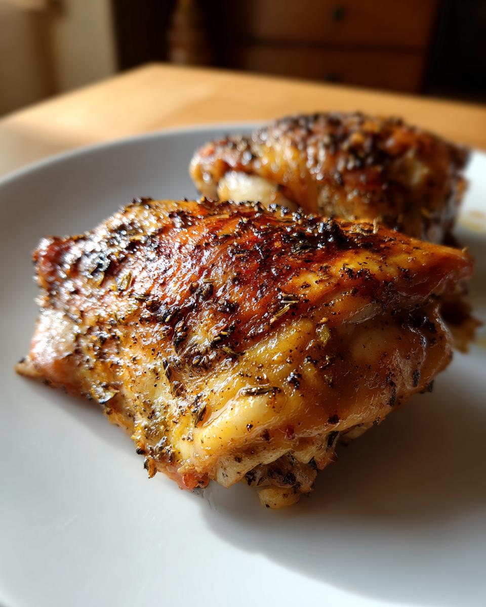 Close-up of two golden brown, seasoned chicken thighs, ready to eat, illustrating great chicken thigh recipes.