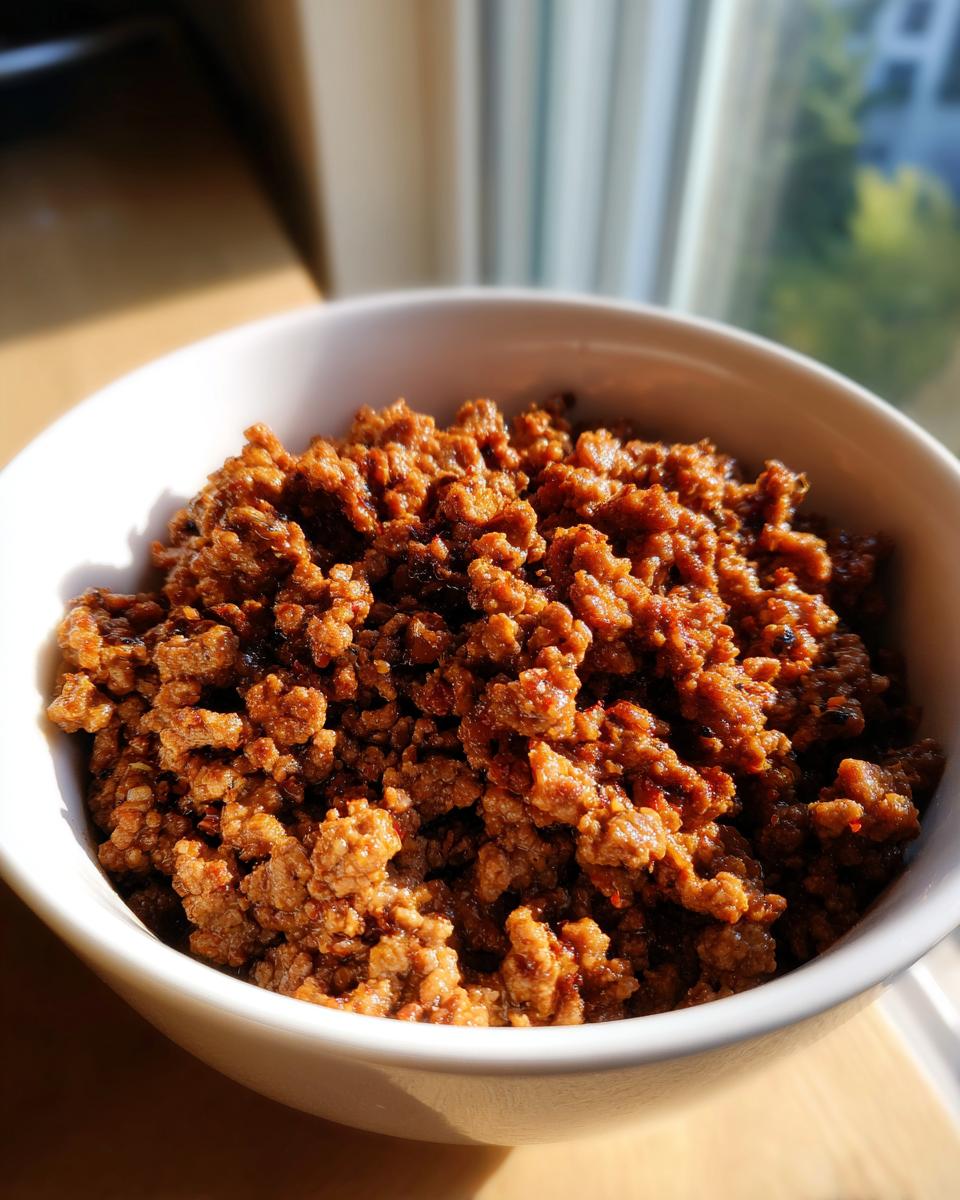 Close-up of seasoned, cooked ground beef in a white bowl, perfect for crave-worthy ground beef recipes.