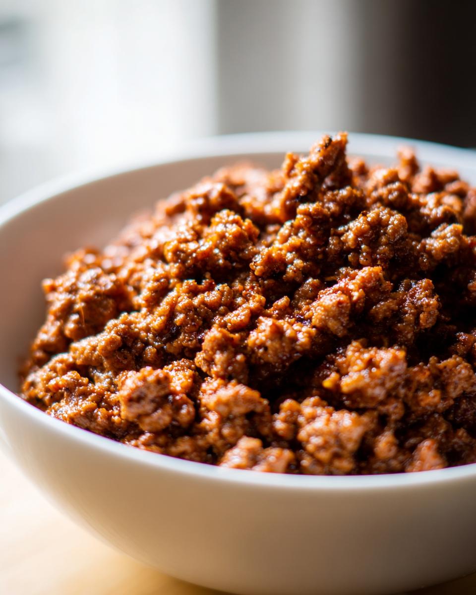 Close-up of rich, seasoned ground beef mixture in a white bowl, perfect for crave-worthy ground beef recipes.