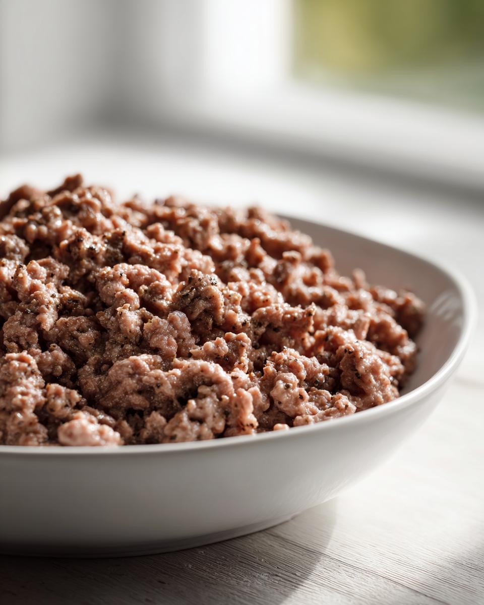 Close-up of a white bowl filled with seasoned, cooked ground beef, ready for use in crave-worthy ground beef recipes.