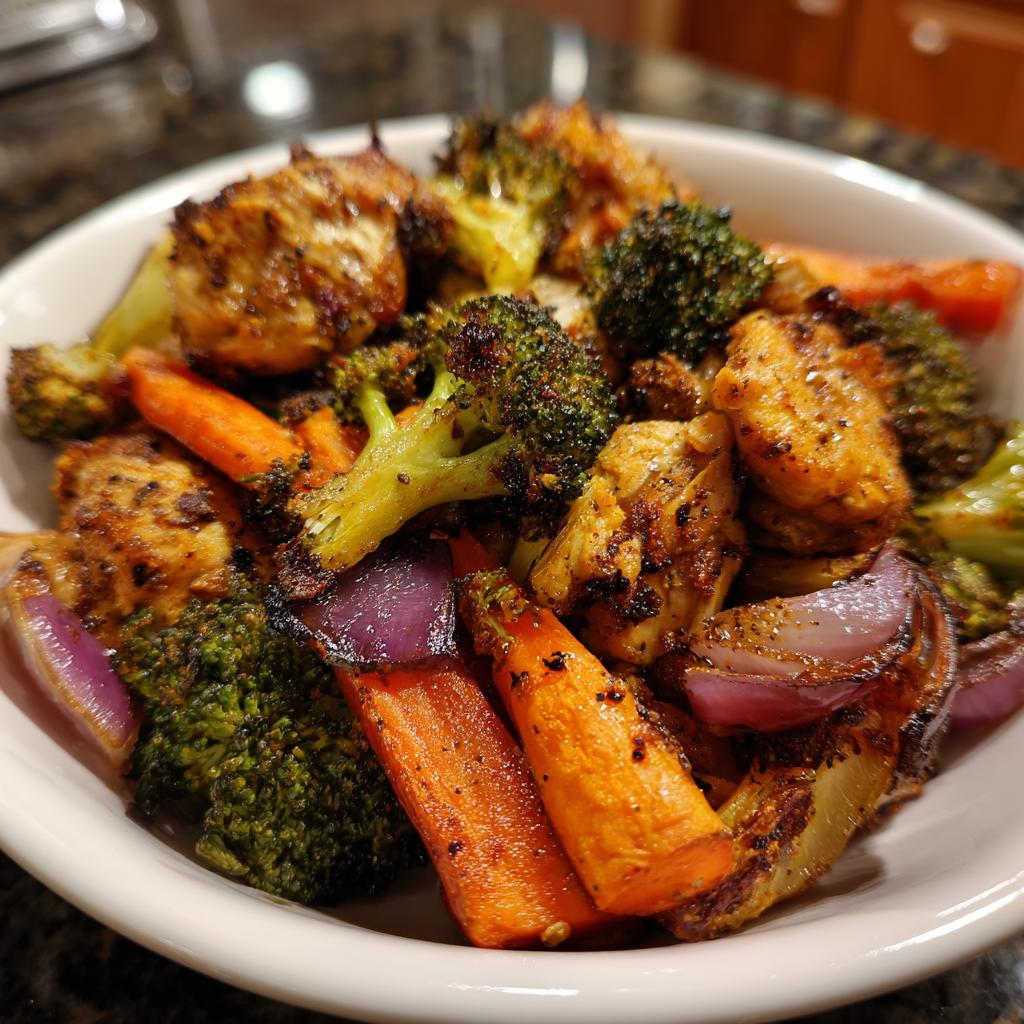 Close-up of roasted chicken pieces, broccoli, carrots, and red onion served in a white bowl from a Sheet Pan Chicken & Veggie Dinner.