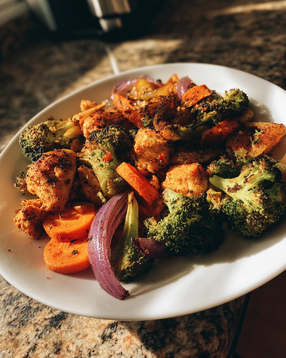 Close-up of seasoned chicken pieces mixed with roasted broccoli, carrots, and red onion on a white plate, perfect Sheet Pan Chicken & Veggie Dinner.