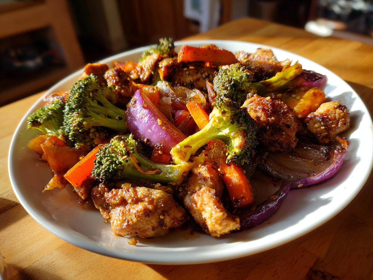 A close-up of a serving of Sheet Pan Chicken & Veggie Dinner featuring roasted chicken pieces, broccoli, red onion, and carrots.