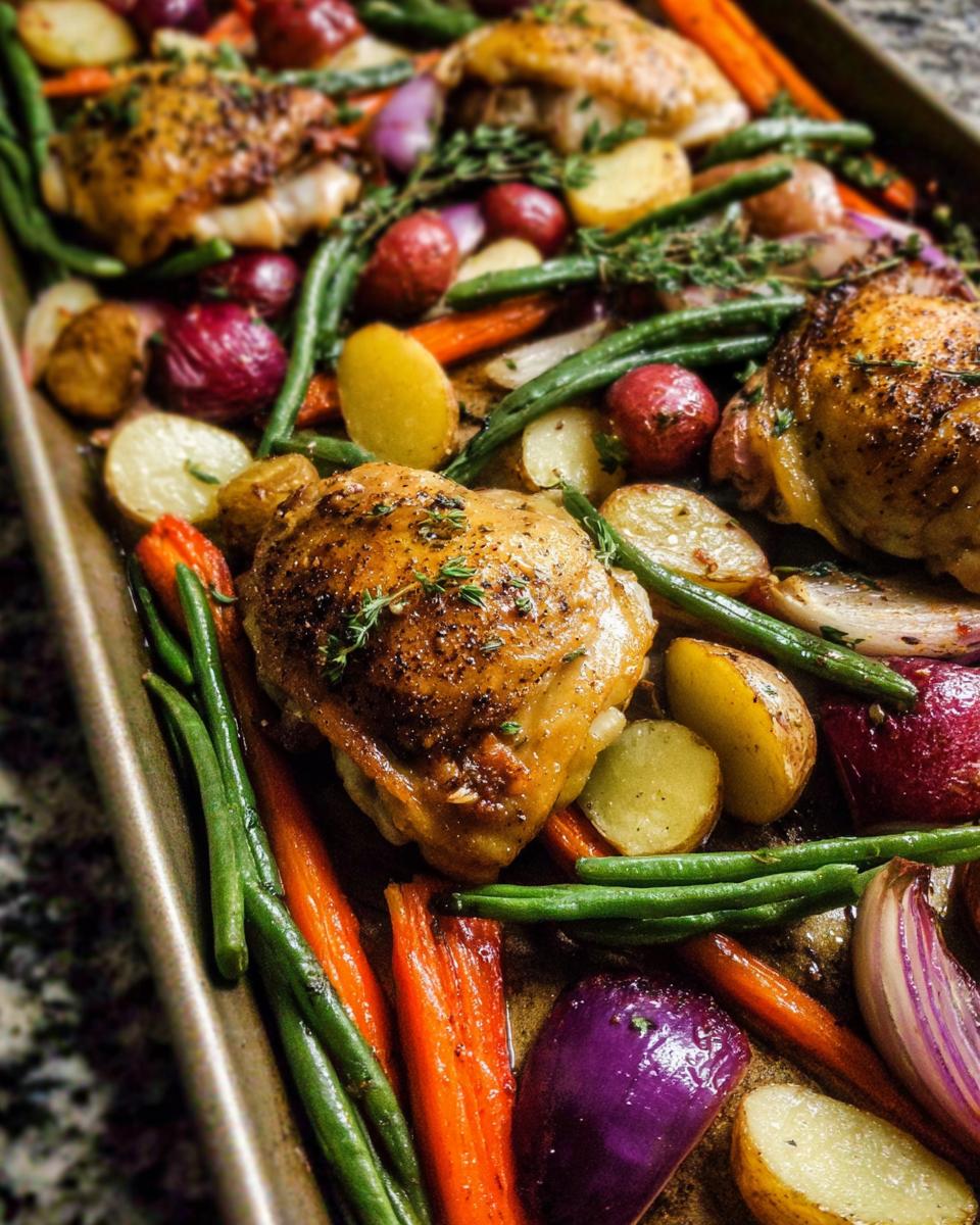 Close-up of Sheet Pan Chicken & Veggies including chicken thighs, potatoes, carrots, green beans, and red onion.