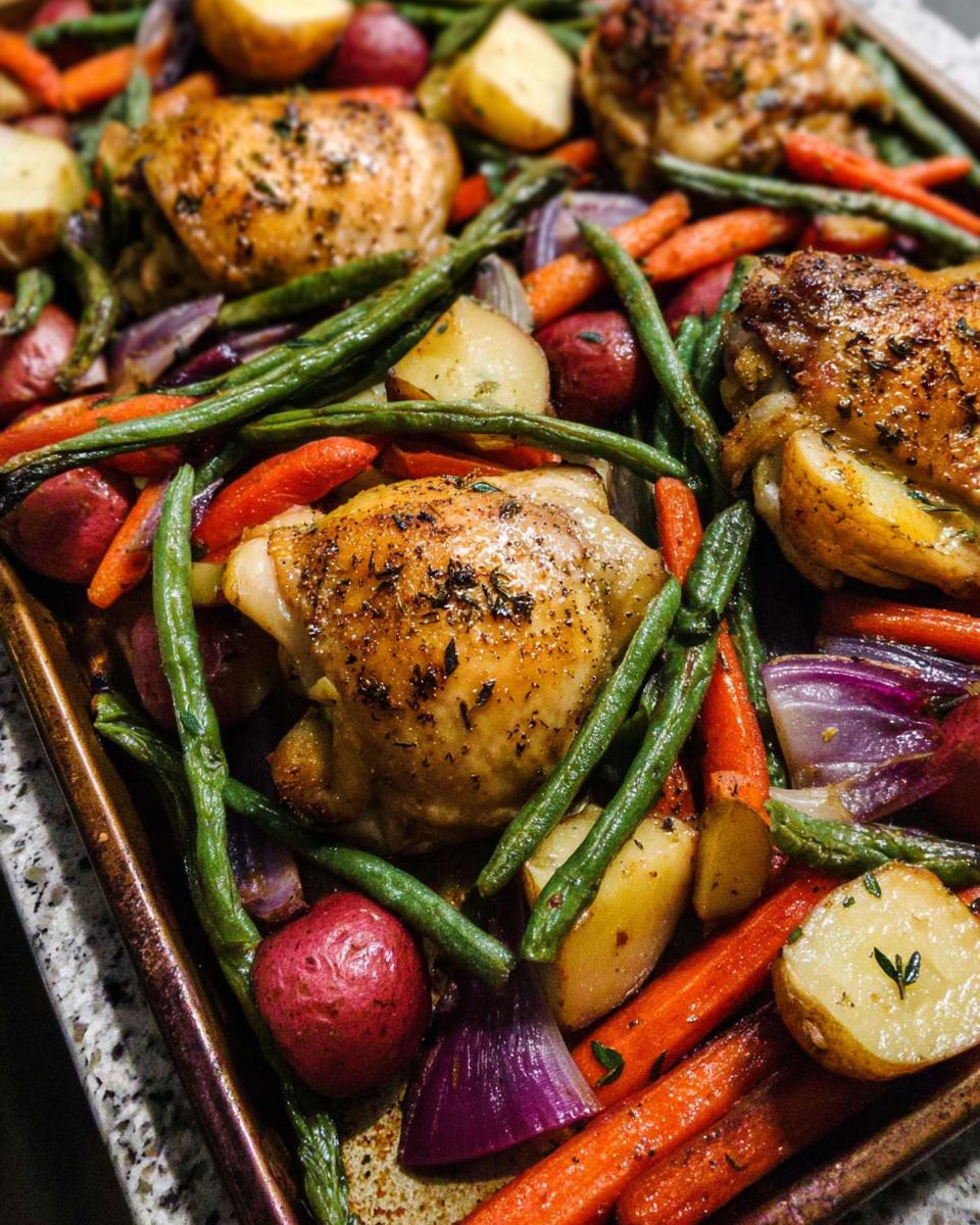 Close-up of golden brown Sheet Pan Chicken & Veggies including potatoes, carrots, and green beans roasting together.