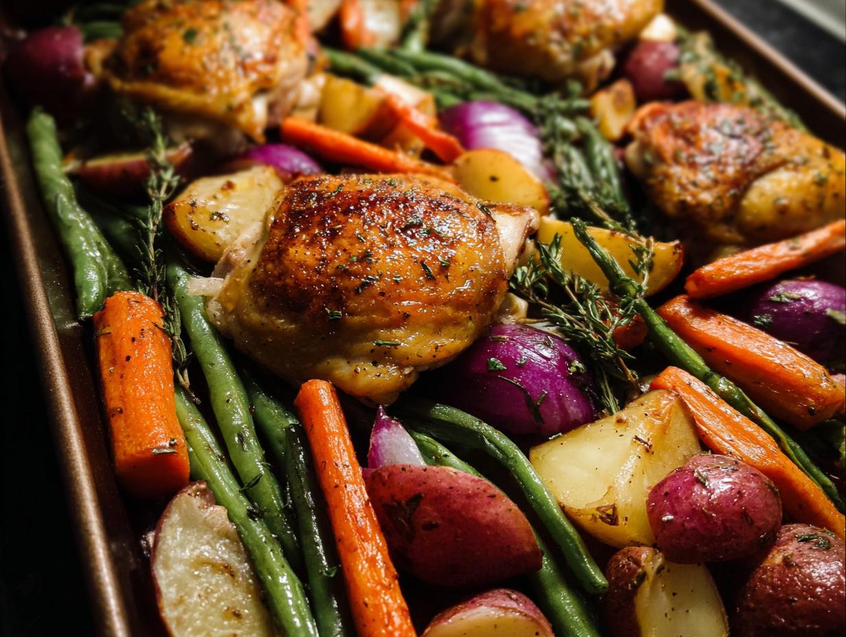 Close-up of golden brown Sheet Pan Chicken & Veggies with carrots, potatoes, and green beans.