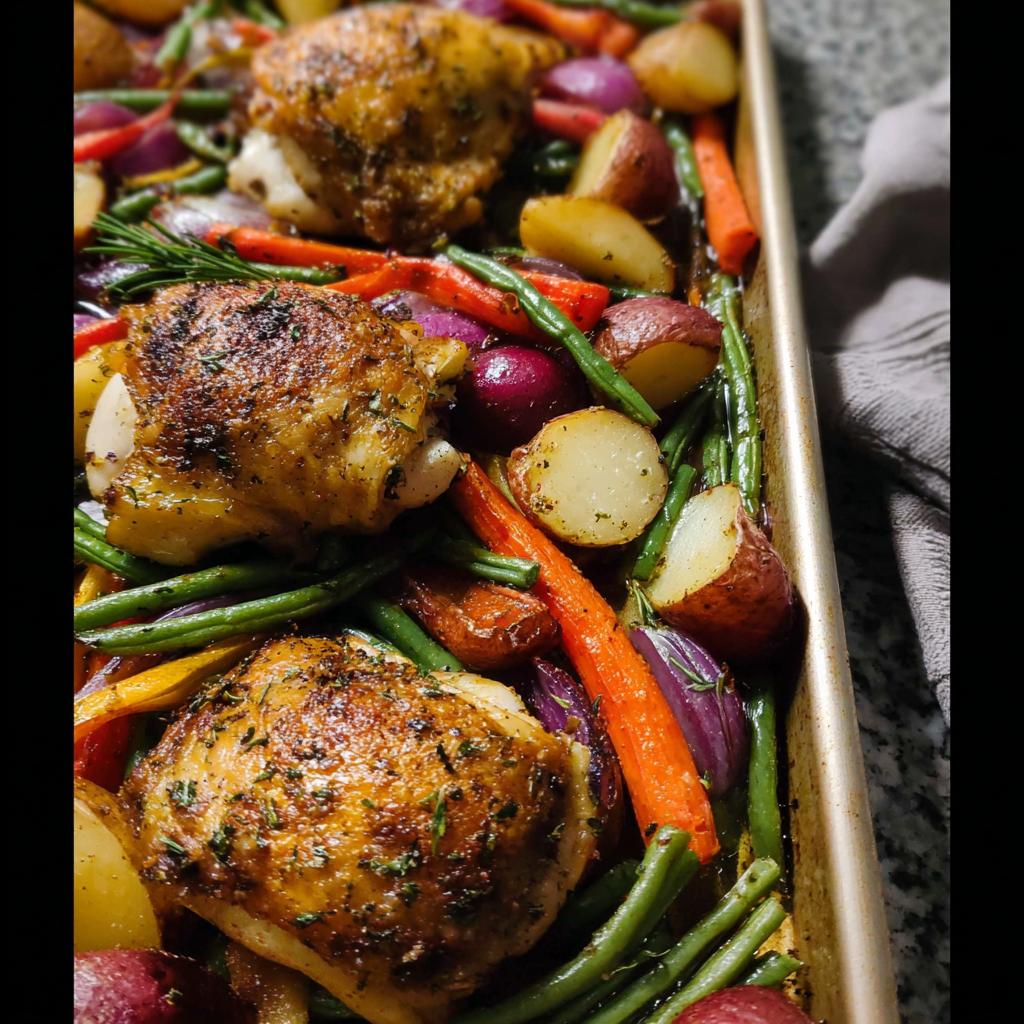 Close-up of crispy Sheet Pan Chicken & Veggies including chicken thighs, potatoes, carrots, and green beans.