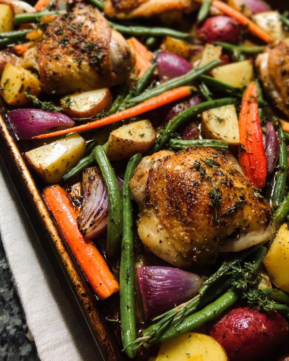 Close-up of golden brown chicken thighs roasted with potatoes, carrots, green beans, and red onions in a Sheet Pan Chicken & Veggies recipe.