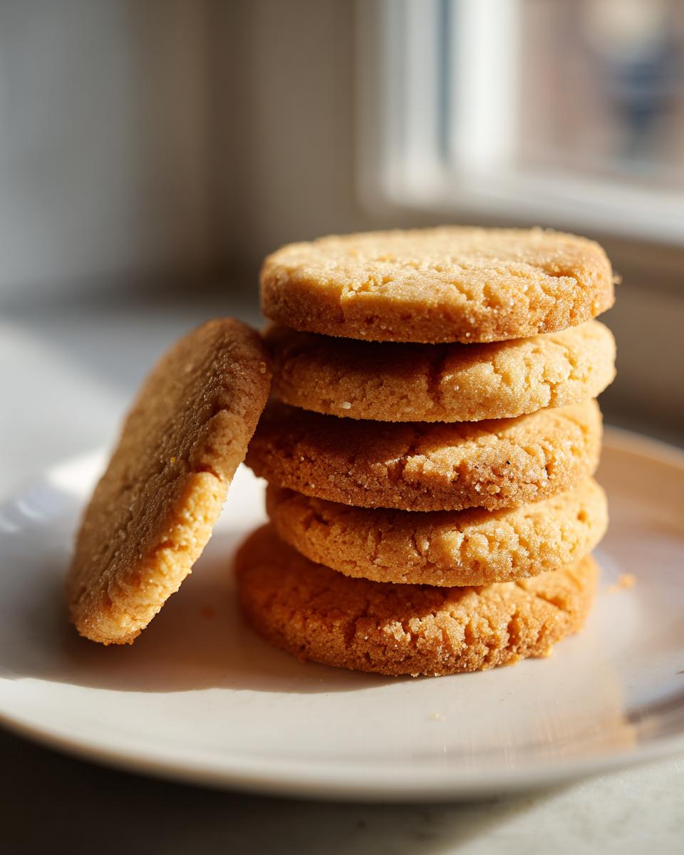 Close-up of a stack of five golden brown shortbread cookies, with one leaning against the pile, highlighted by sunlight.
