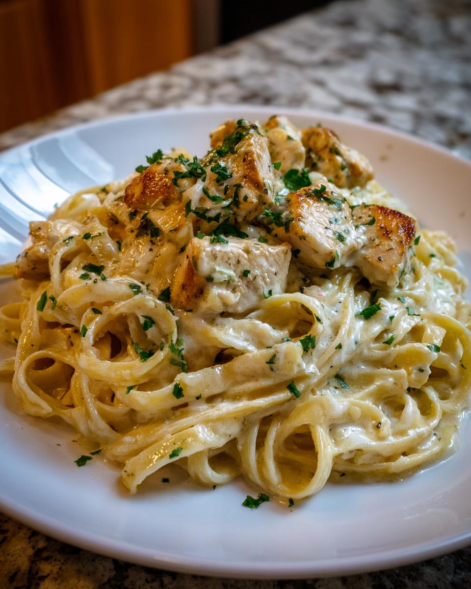 A close-up of creamy fettuccine pasta topped with seasoned chicken chunks and fresh parsley, a perfect Showstopper Chicken and Pasta Delight.