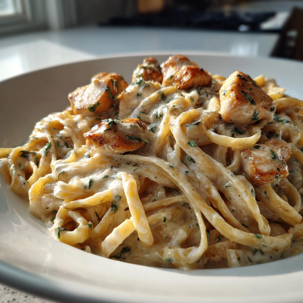 A close-up of creamy fettuccine pasta topped with golden, seared chicken pieces in a rich sauce, part of the Showstopper Chicken and Pasta Delight.