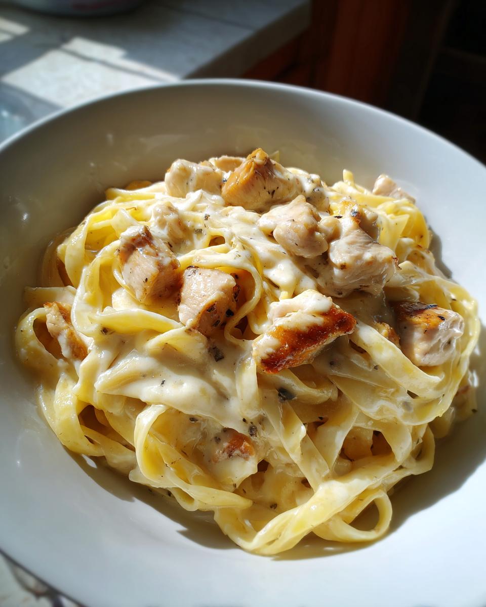 A close-up of creamy fettuccine pasta topped with seasoned chicken pieces, the Showstopper Chicken and Pasta Delight.