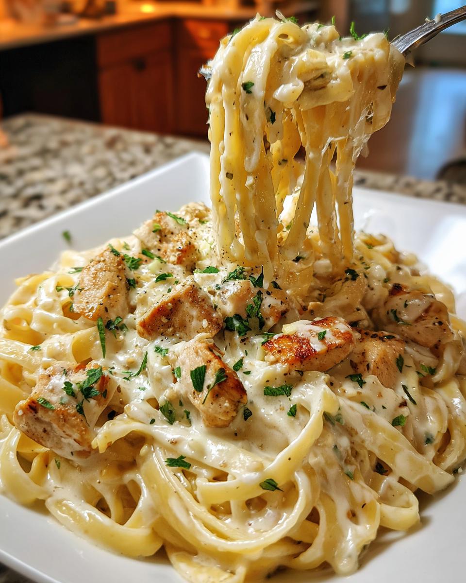 A fork lifts fettuccine noodles coated in creamy sauce from a bowl of Showstopper Chicken and Pasta Delight.