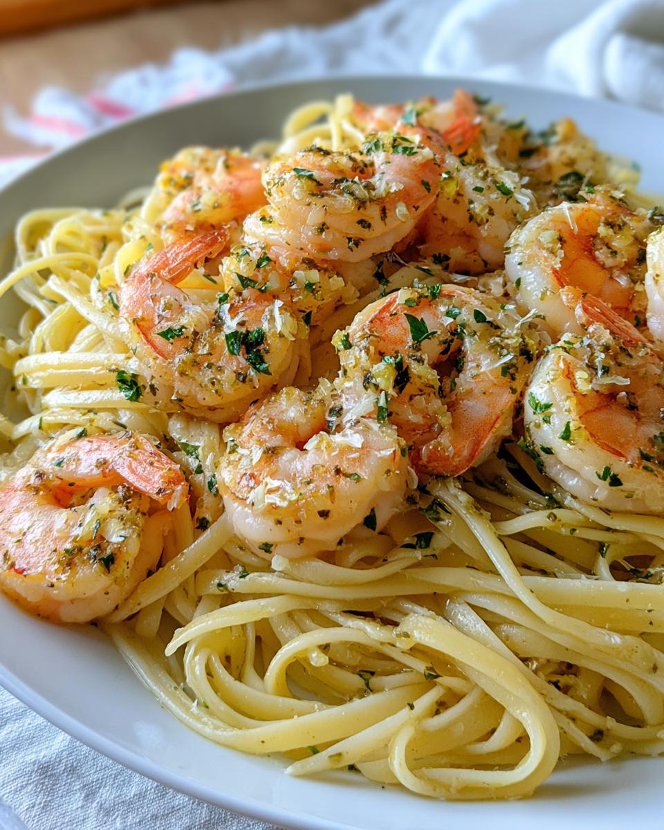 Close-up of shrimp scampi pasta, featuring juicy shrimp over linguine tossed in garlic butter sauce, perfect for a Romantic Seafood Dinner at Home.