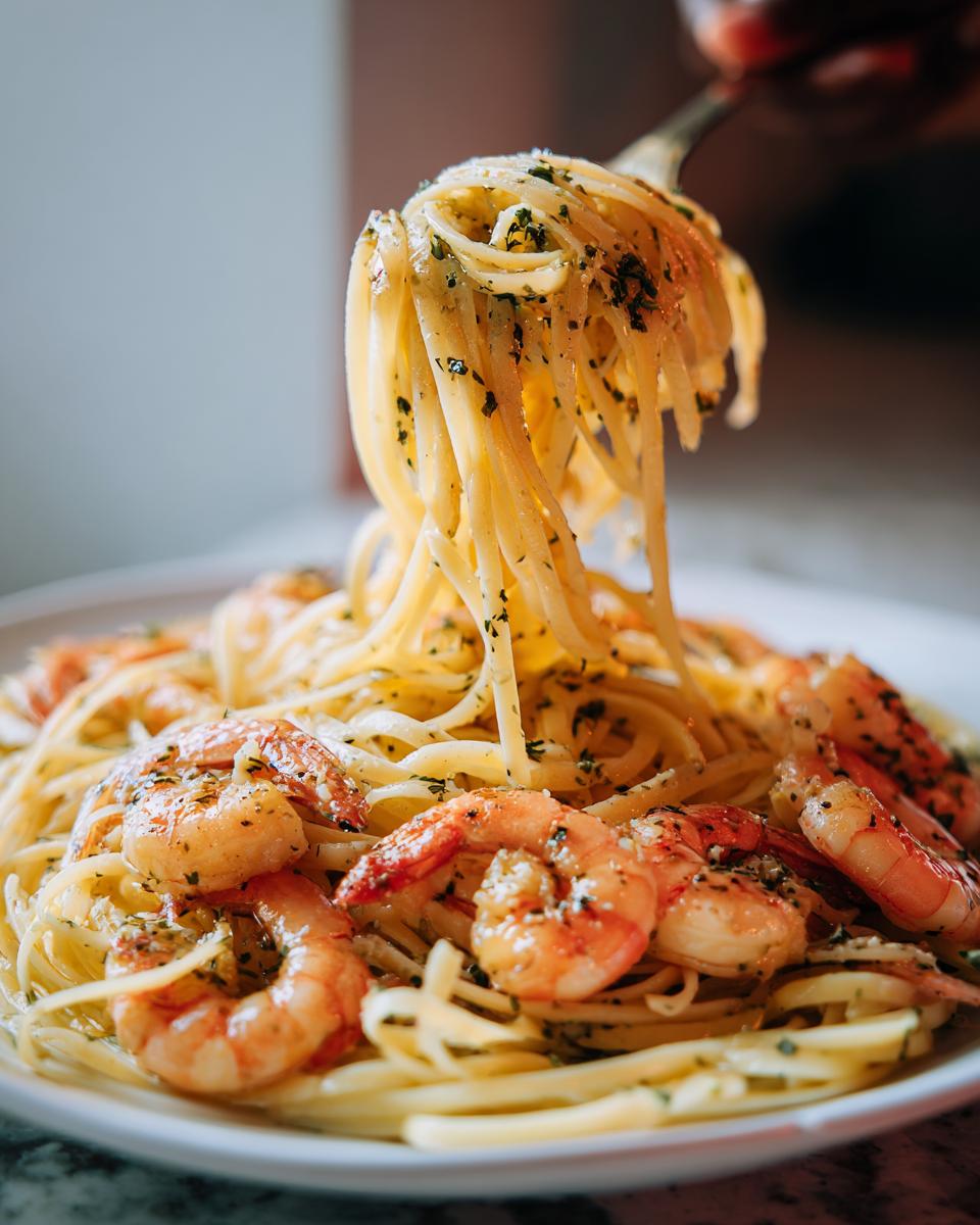 Fork lifting linguine pasta tossed with garlic butter and herbs above a plate of shrimp scampi, perfect for a Romantic Seafood Dinner at Home.