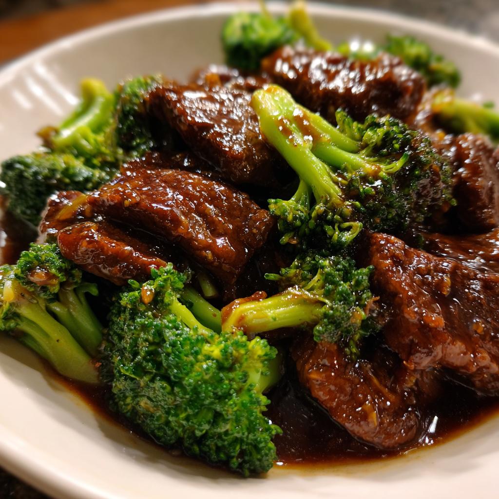 Close-up of tender beef pieces coated in rich sauce mixed with bright green broccoli florets in a Simple Beef & Broccoli Stir Fry.
