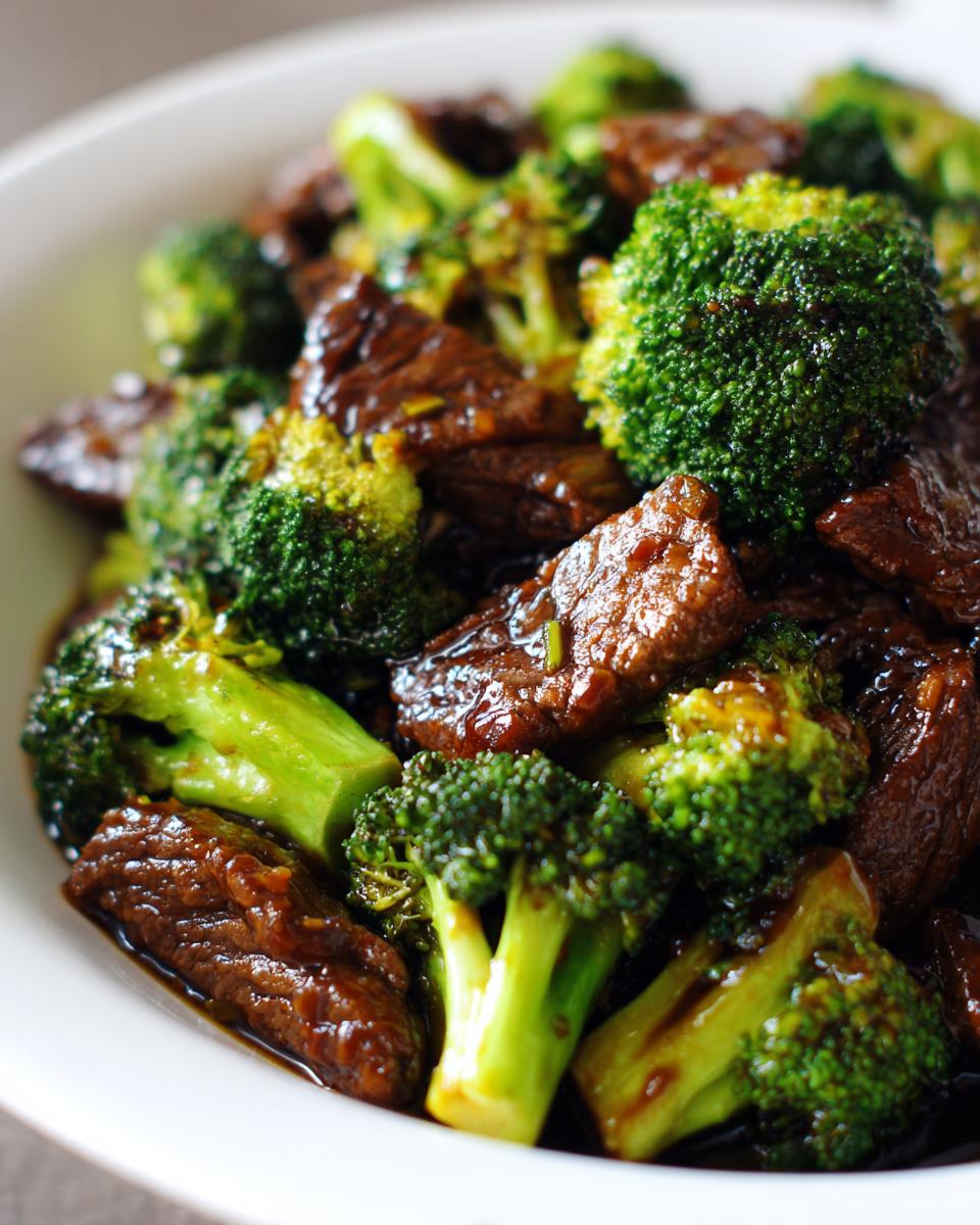 Close-up of tender beef strips and bright green broccoli florets coated in a savory sauce for Simple Beef & Broccoli Stir Fry.