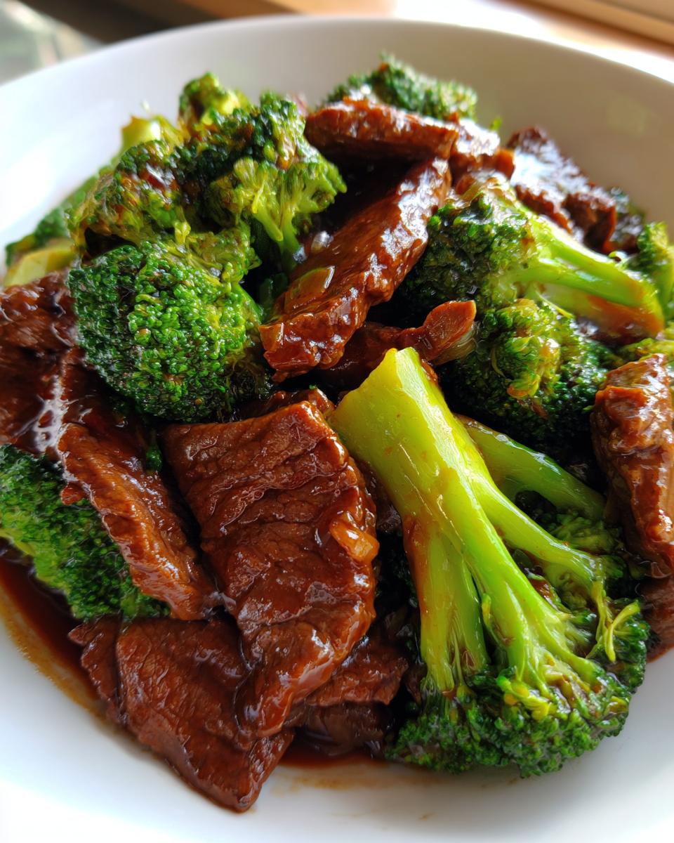 Close-up of tender beef slices coated in savory sauce mixed with bright green broccoli florets in a Simple Beef & Broccoli Stir Fry.