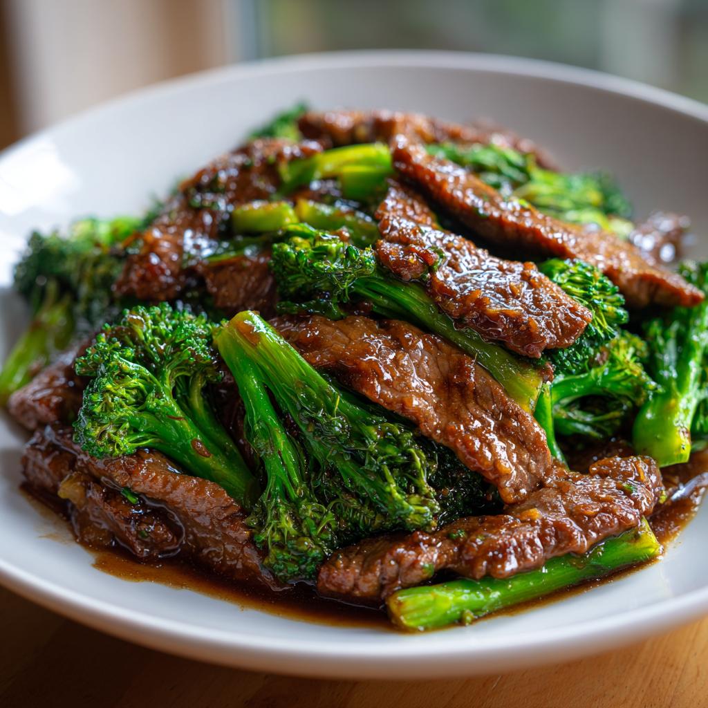 A close-up of a white bowl filled with Simple Beef & Broccoli Stir Fry, featuring tender beef strips and bright green broccoli florets coated in a savory sauce.