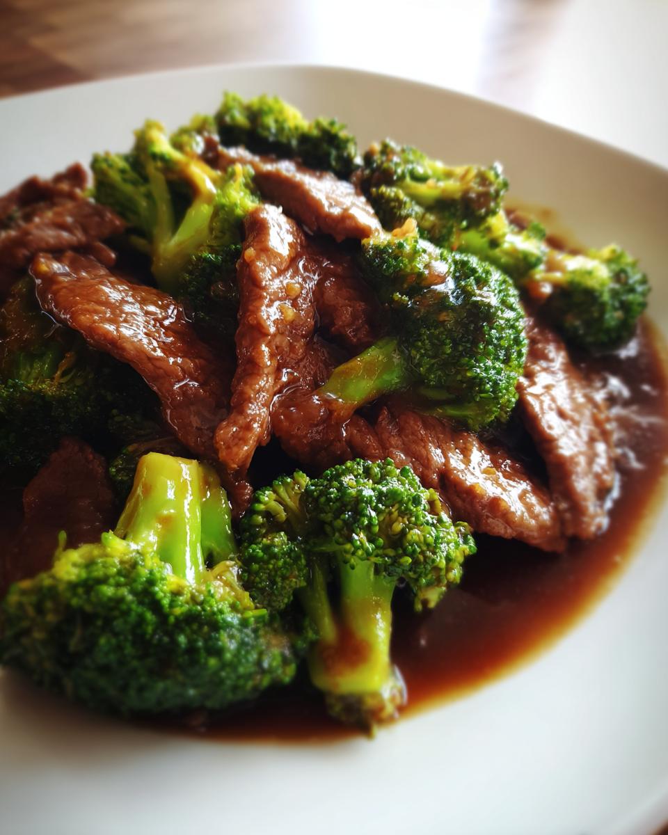 A close-up of tender beef strips and bright green broccoli florets coated in a rich brown sauce, ready to eat as Simple Beef & Broccoli Stir Fry.