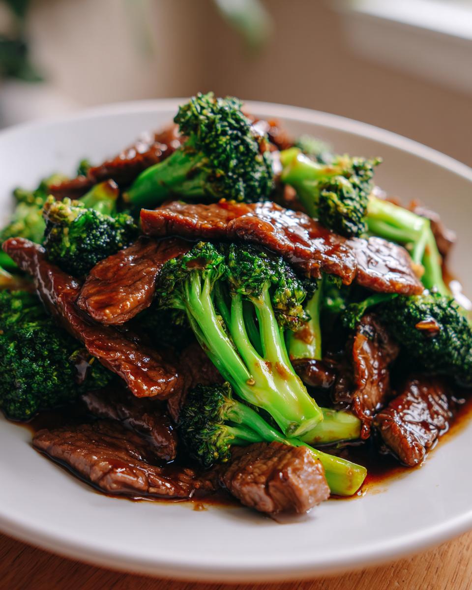 A close-up of a plate filled with Simple Beef & Broccoli Stir Fry, featuring glossy brown beef slices and bright green broccoli florets.
