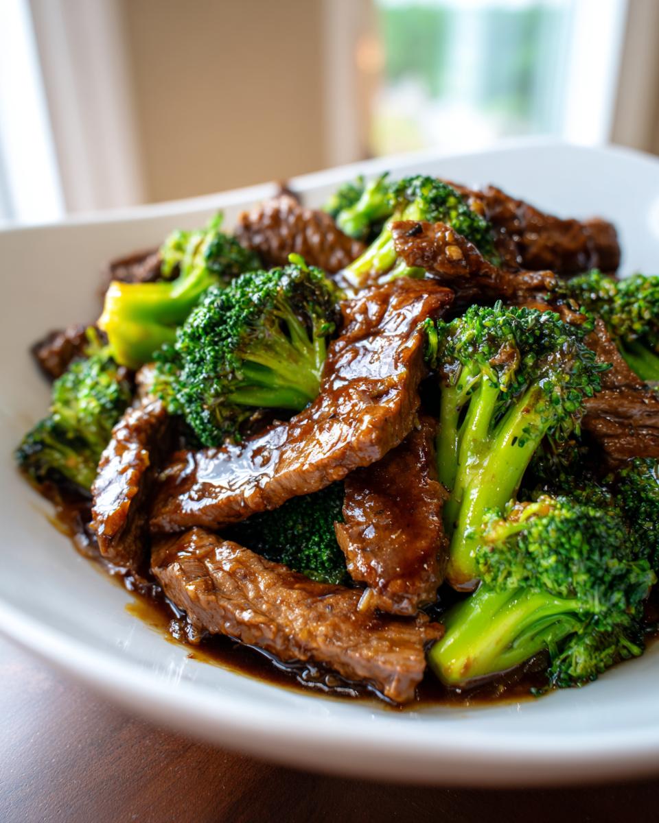 Close-up of tender beef strips coated in dark sauce mixed with vibrant green broccoli florets in a white bowl, featuring Simple Beef & Broccoli Stir Fry.