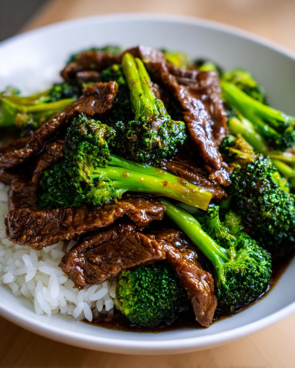 Close-up of Simple Beef & Broccoli Stir Fry served over white rice in a white bowl.
