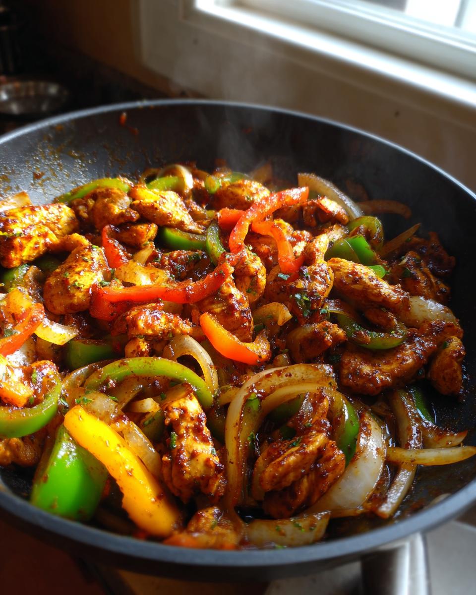 Close-up of seasoned chicken strips and colorful bell peppers and onions sizzling in a pan for Simple Chicken Fajita Skillet.