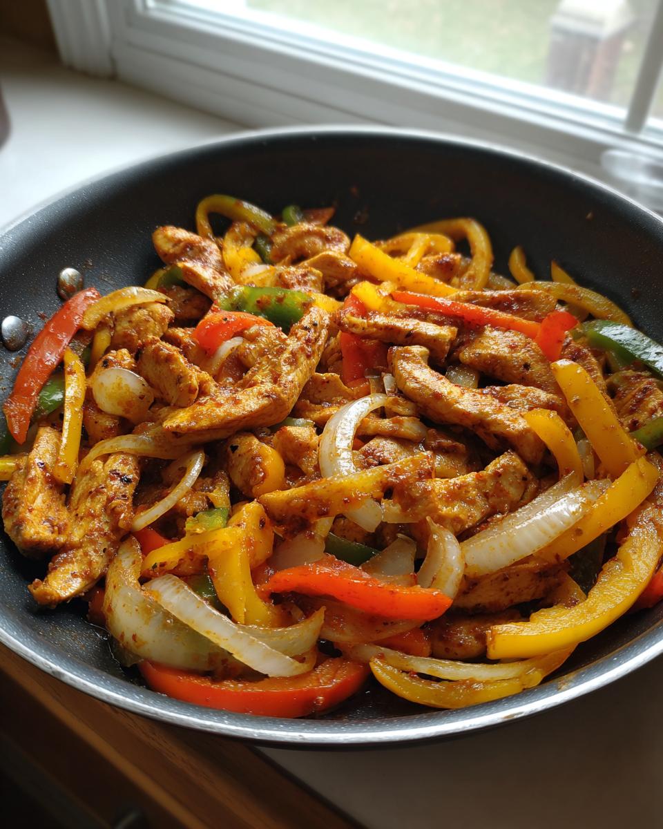 Close-up of Simple Chicken Fajita Skillet with seasoned chicken strips, red, yellow, and green bell peppers, and onions in a black pan.