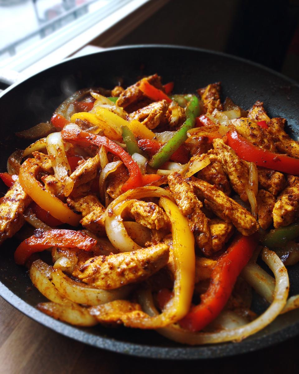 Close-up of Simple Chicken Fajita Skillet with seasoned chicken strips, colorful bell peppers, and onions sizzling in a black pan.