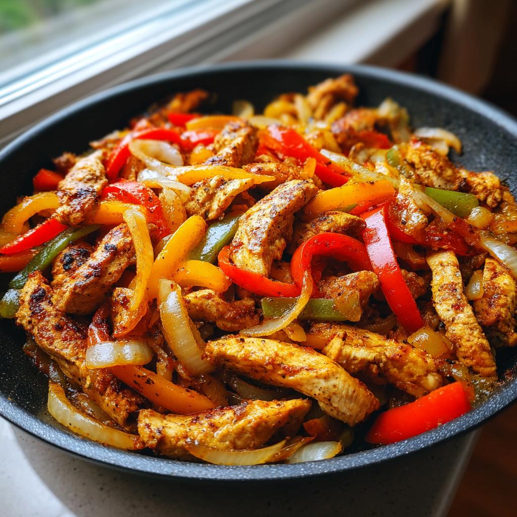 Close-up of Simple Chicken Fajita Skillet with seasoned chicken strips, red, yellow, and green peppers, and onions in a dark skillet.