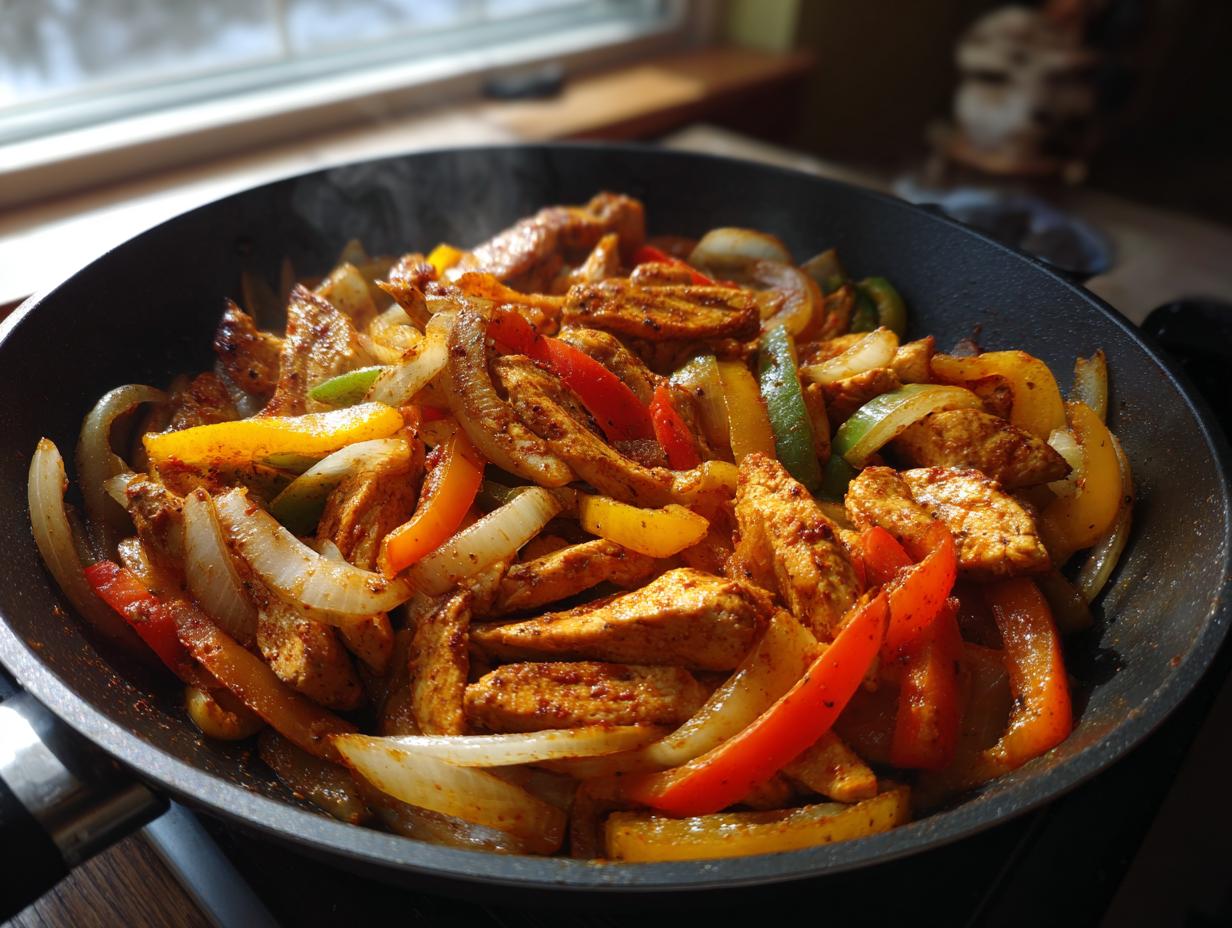 Sizzling Simple Chicken Fajita Skillet mixture of seasoned chicken strips, onions, and colorful bell peppers in a black skillet.