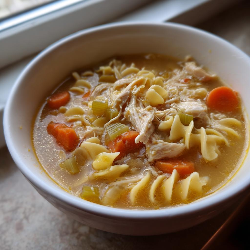 Close-up of a white bowl filled with Simple Chicken Noodle Soup featuring shredded chicken, egg noodles, carrots, and celery.