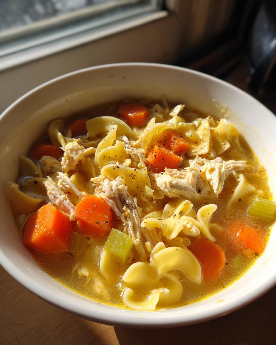 Close-up of a white bowl filled with Simple Chicken Noodle Soup featuring egg noodles, shredded chicken, carrots, and celery.
