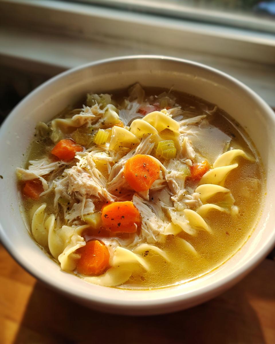 Close-up of a white bowl filled with Simple Chicken Noodle Soup, featuring shredded chicken, egg noodles, and bright orange carrots.