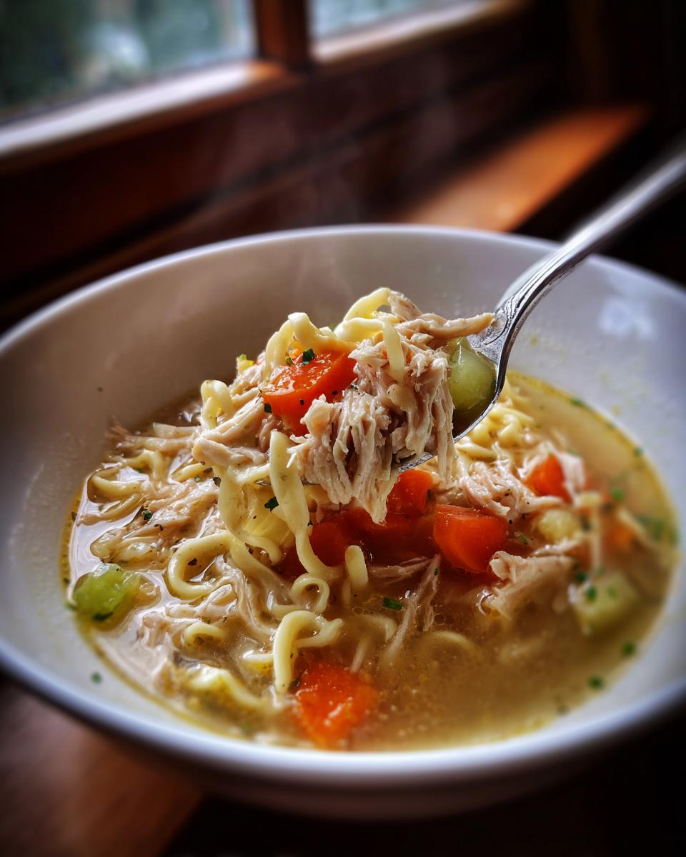 A spoonful lifting shredded chicken, noodles, and carrots from a bowl of Simple Chicken Noodle Soup, showing steam rising.