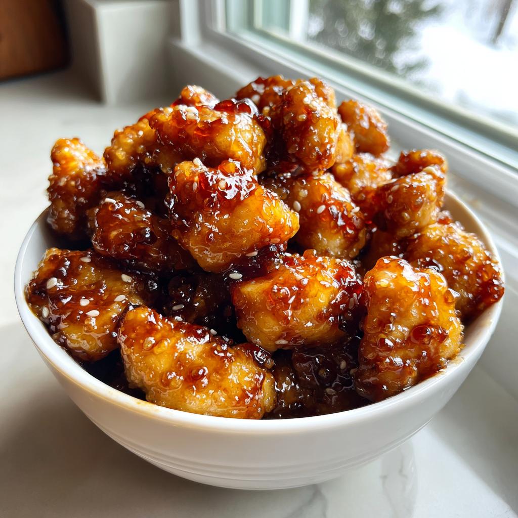 A white bowl filled with sticky, glazed Simple Honey Garlic Chicken Bites sprinkled with sesame seeds.