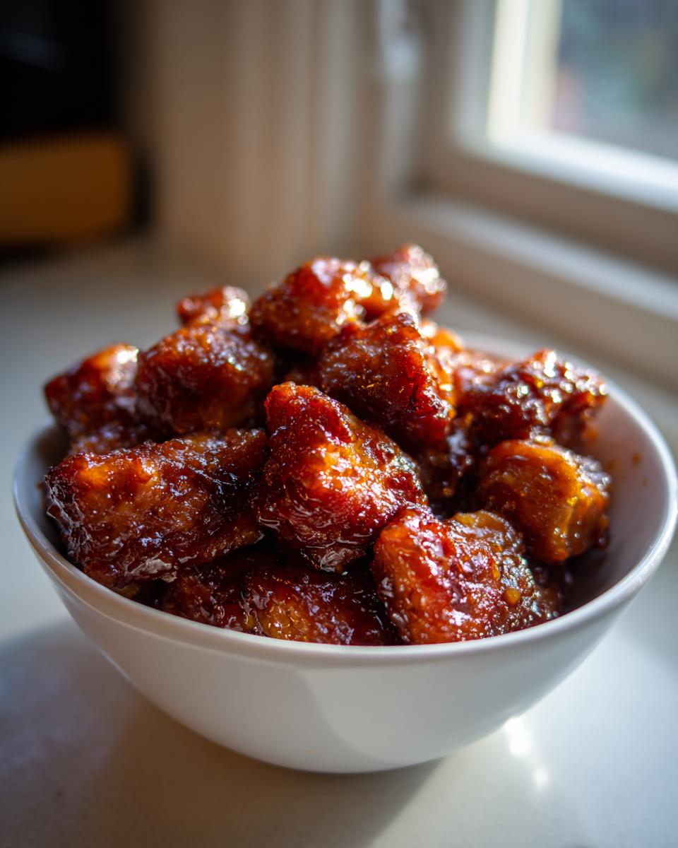Close-up of a white bowl filled with sticky, glazed Simple Honey Garlic Chicken Bites, backlit by a window.