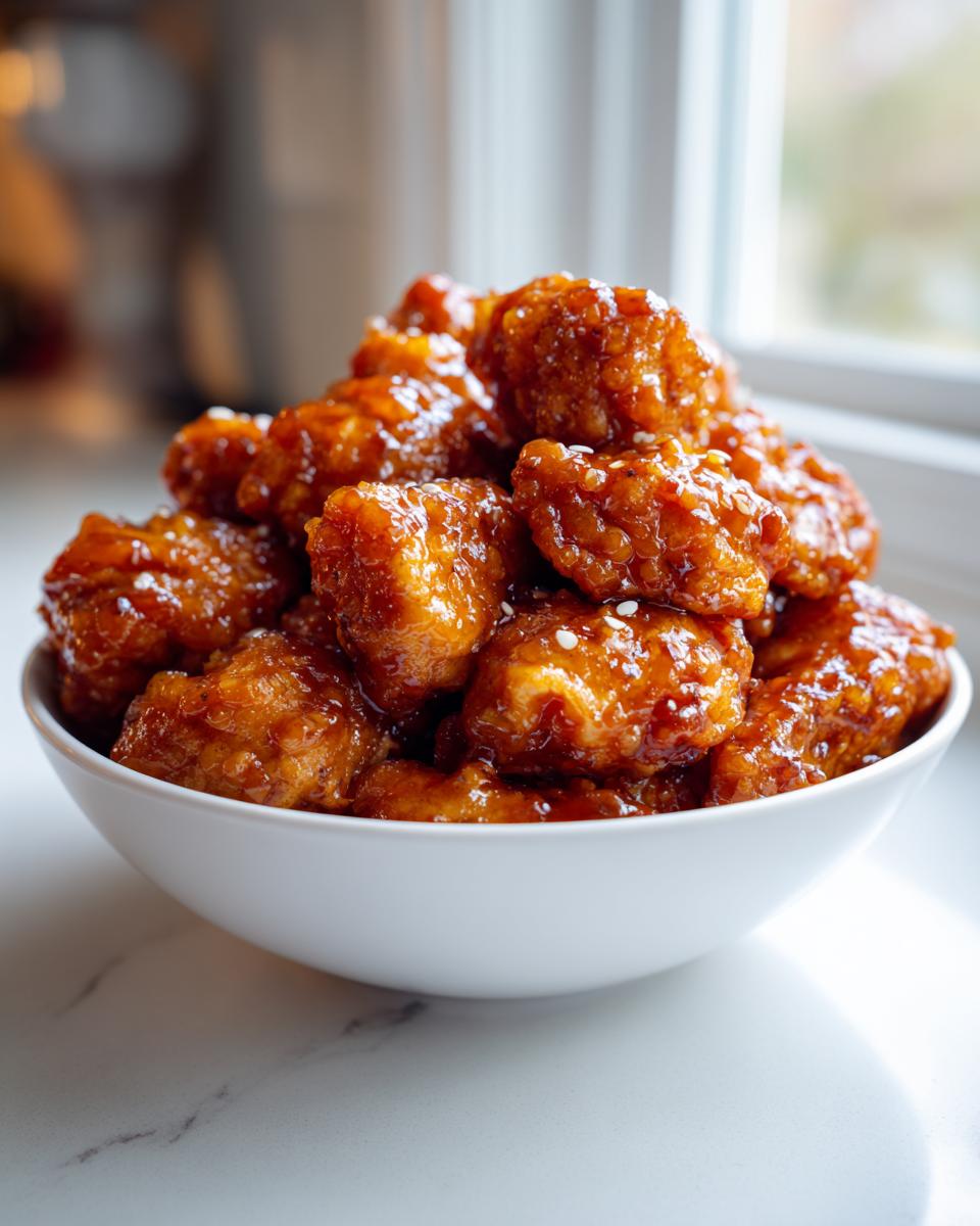A white bowl piled high with glistening Simple Honey Garlic Chicken Bites, sprinkled with sesame seeds.