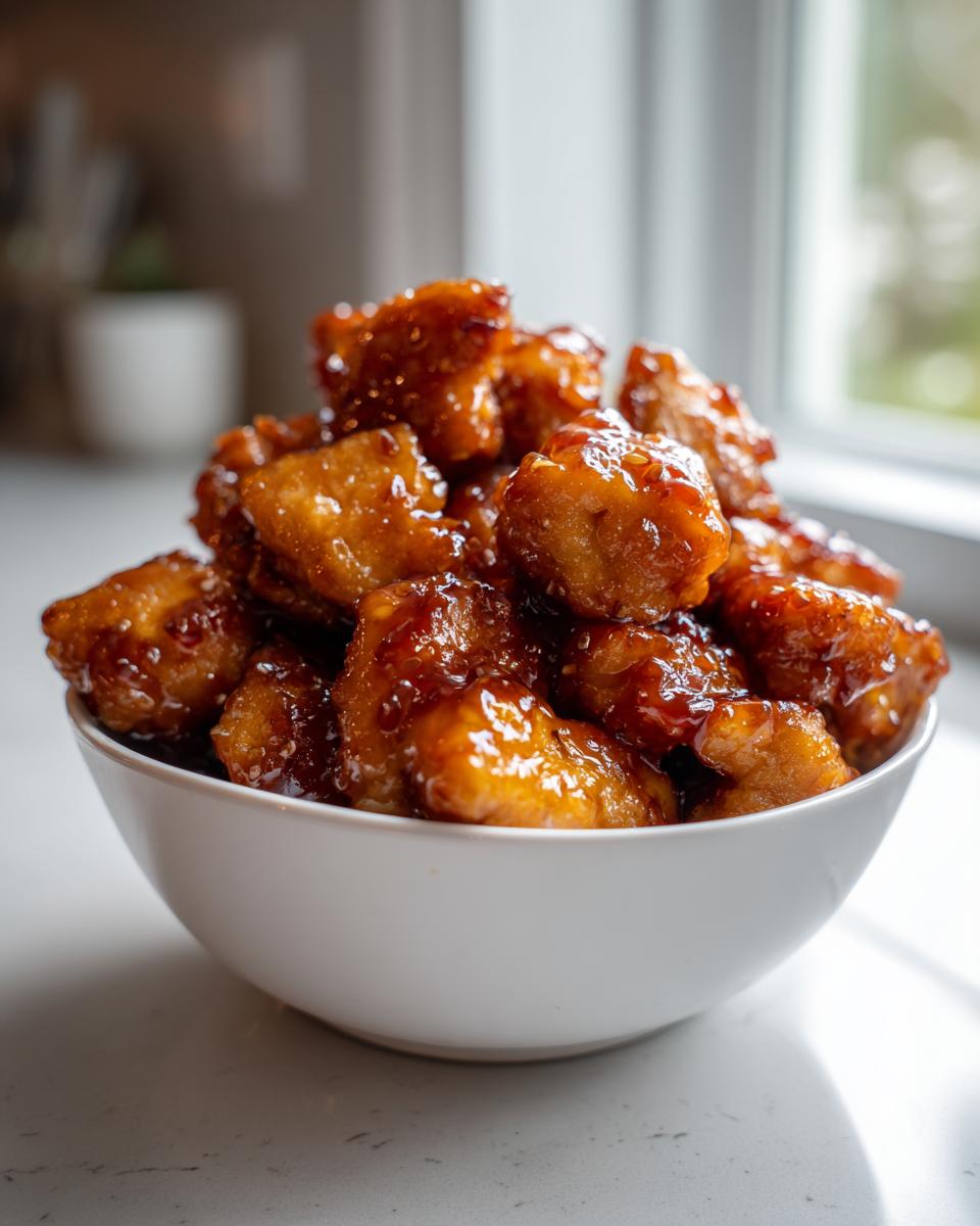 A white bowl overflowing with glossy, glazed Simple Honey Garlic Chicken Bites, ready to serve.
