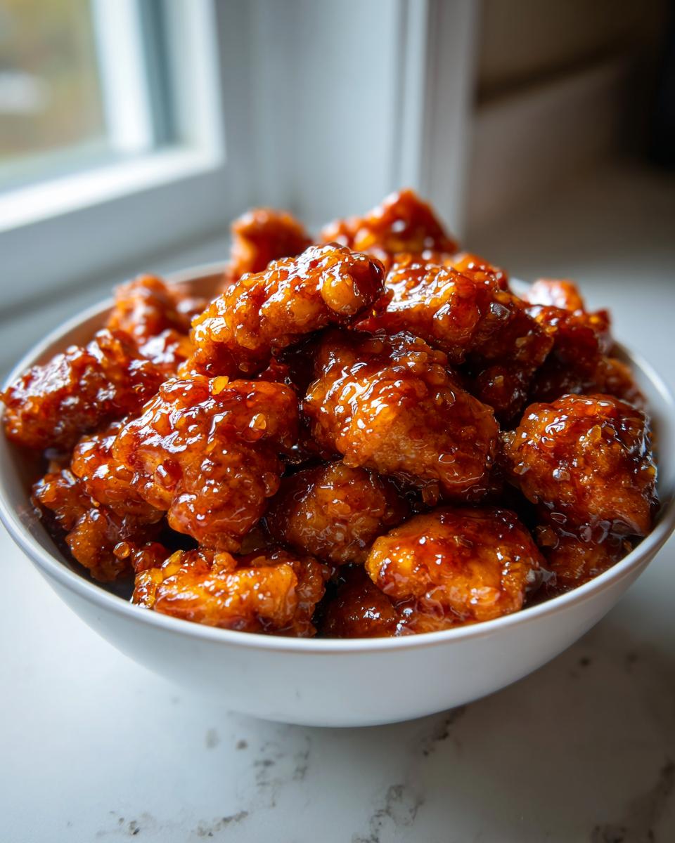 A white bowl filled with glistening Simple Honey Garlic Chicken Bites coated in a thick, sticky sauce.