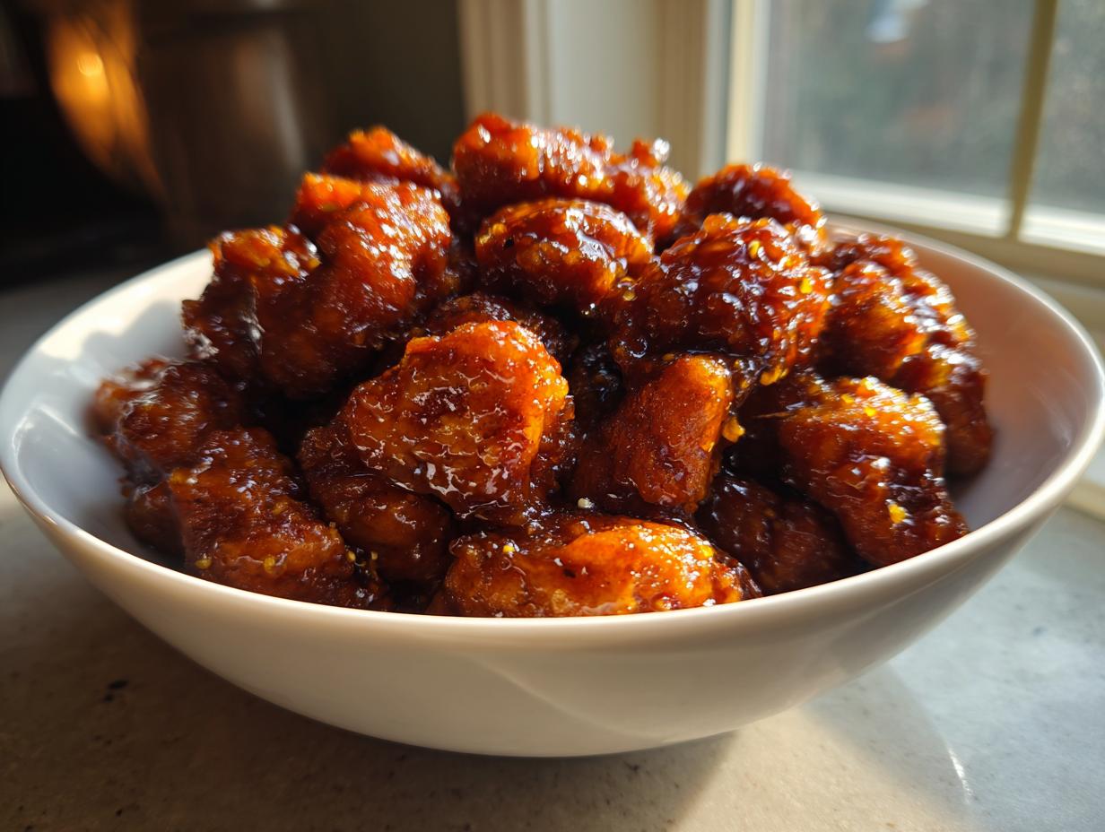 A white bowl filled with glossy, glazed Simple Honey Garlic Chicken Bites, ready to serve.
