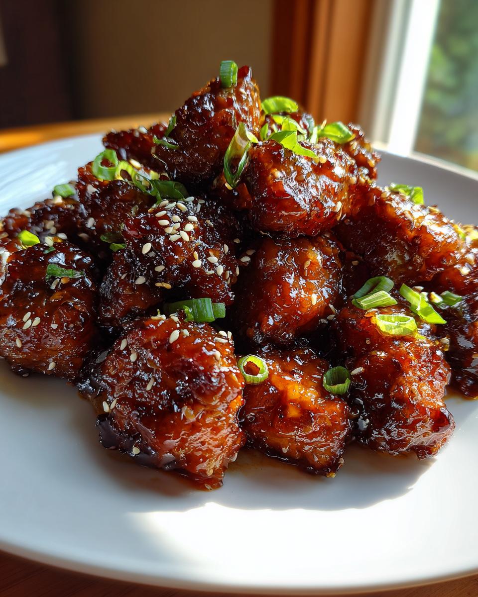 A pile of glossy Simple Honey Garlic Chicken Bites coated in sauce, garnished with sesame seeds and green onions.