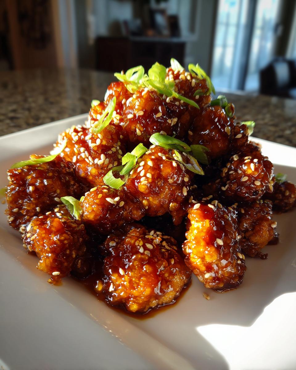 A pile of Simple Honey Garlic Chicken Bites coated in a sticky glaze, topped with sesame seeds and green onions.