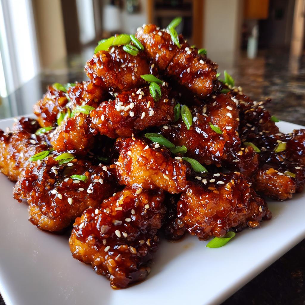A close-up pile of glazed Simple Honey Garlic Chicken Bites, topped with sesame seeds and green onions.