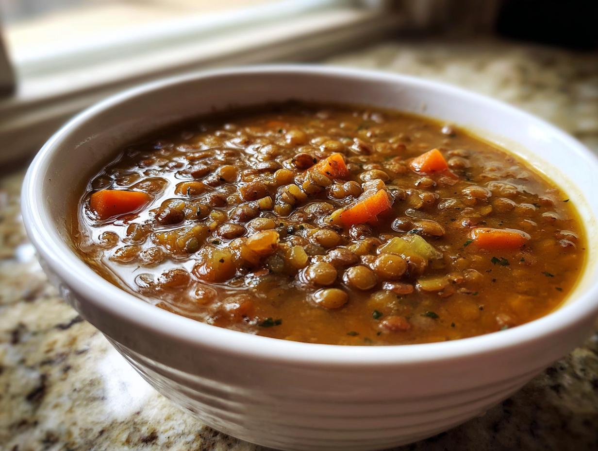 Close-up of a white bowl filled with piping hot Simple Lentil Soup featuring brown lentils and chunks of bright orange carrots.