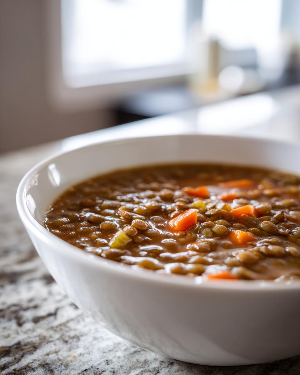Close-up of a white bowl filled with hearty Simple Lentil Soup, showing brown lentils and diced carrots.