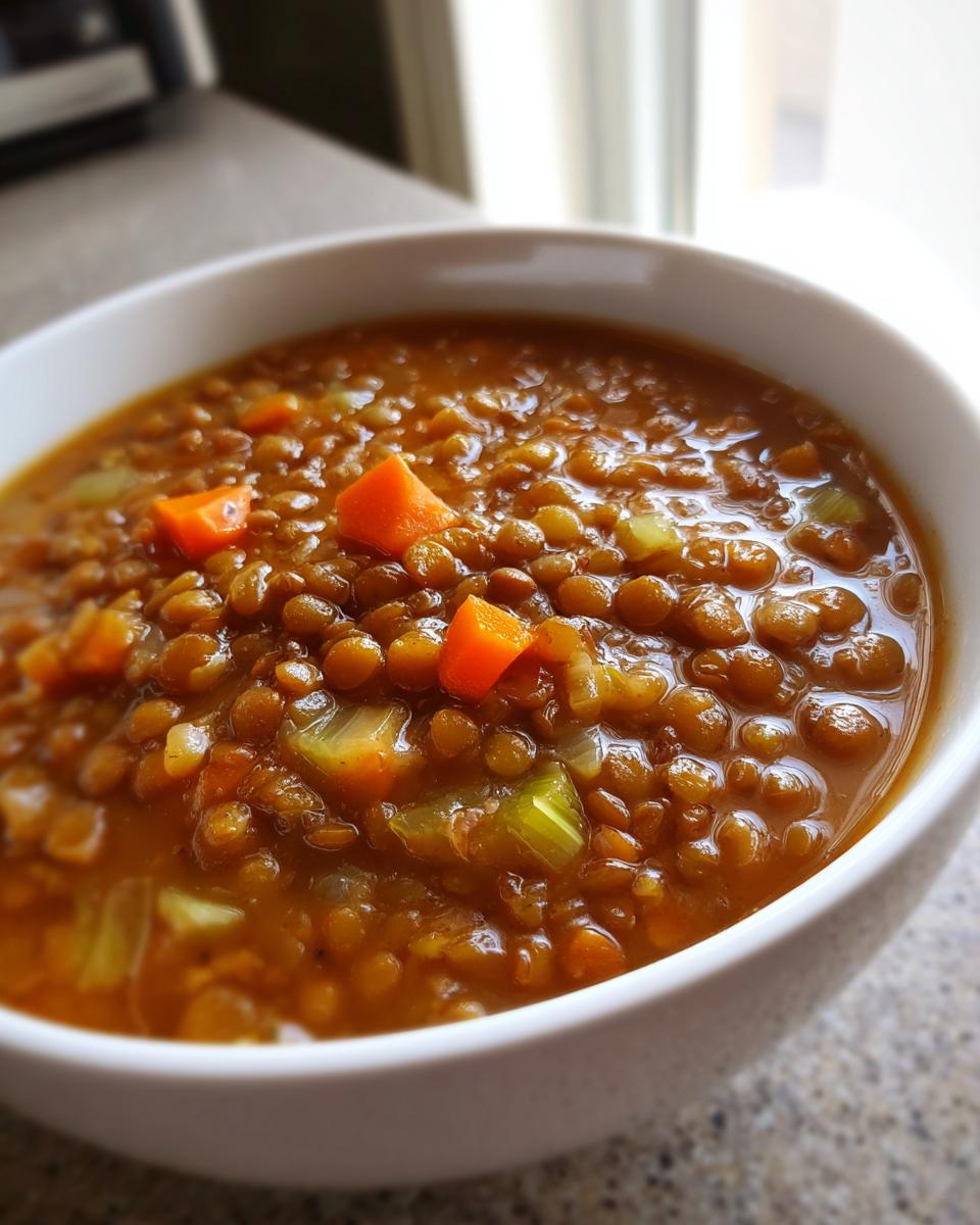 Close-up of a white bowl filled with rich, brown Simple Lentil Soup, showing chunks of carrot and celery.