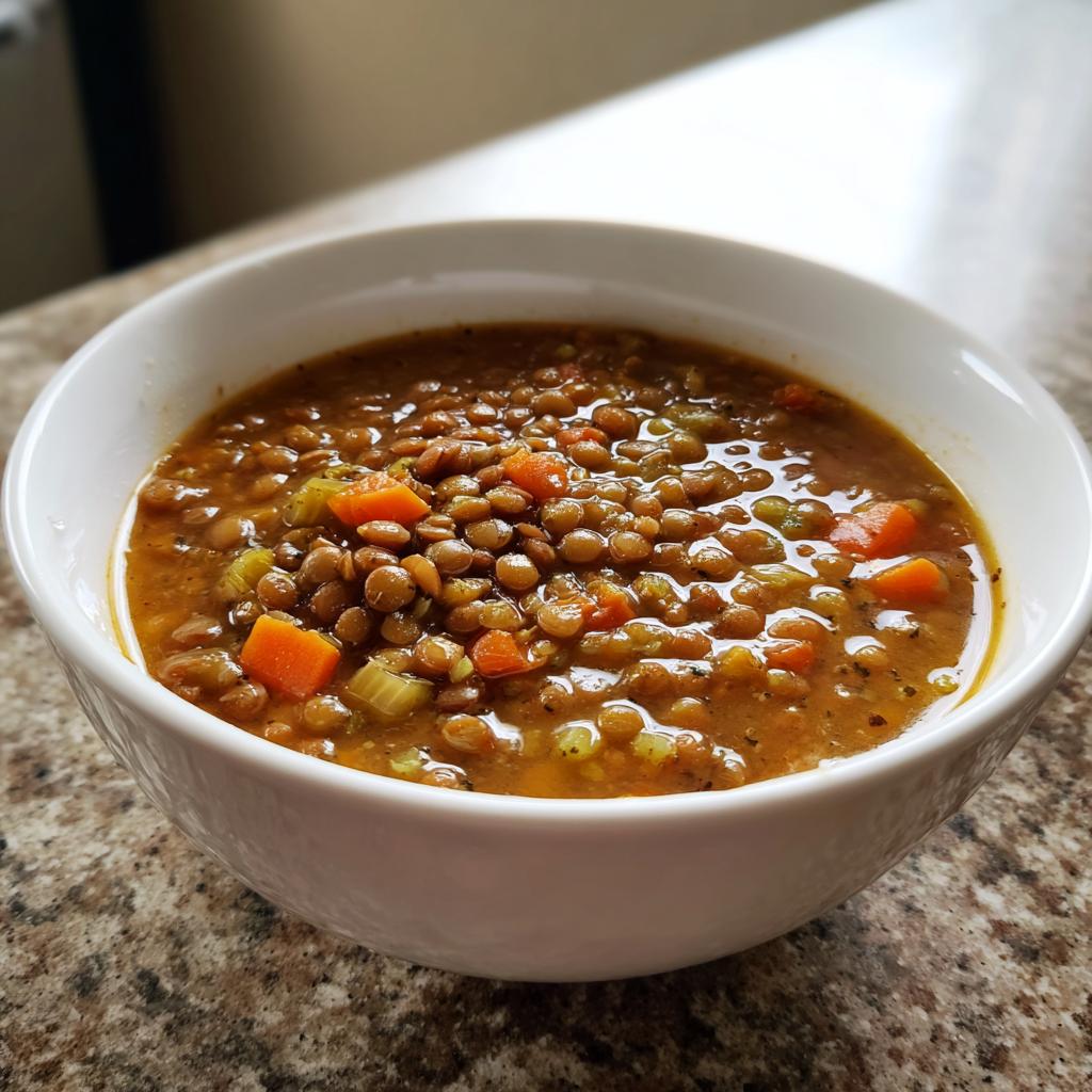 Close-up of a white bowl filled with thick, savory Simple Lentil Soup containing brown lentils, diced carrots, and celery.