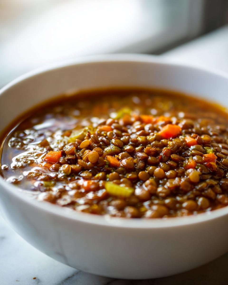 Close-up of a white bowl filled with rich, thick Simple Lentil Soup featuring brown lentils and diced carrots.